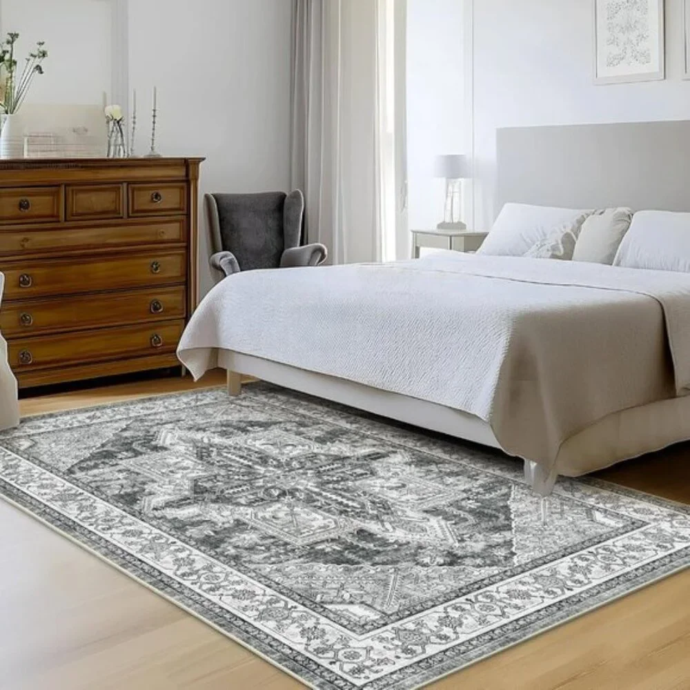 New 6x9 Gray Boho Area Rug, Washable Non-Slip Low Pile Carpet for Home & Office